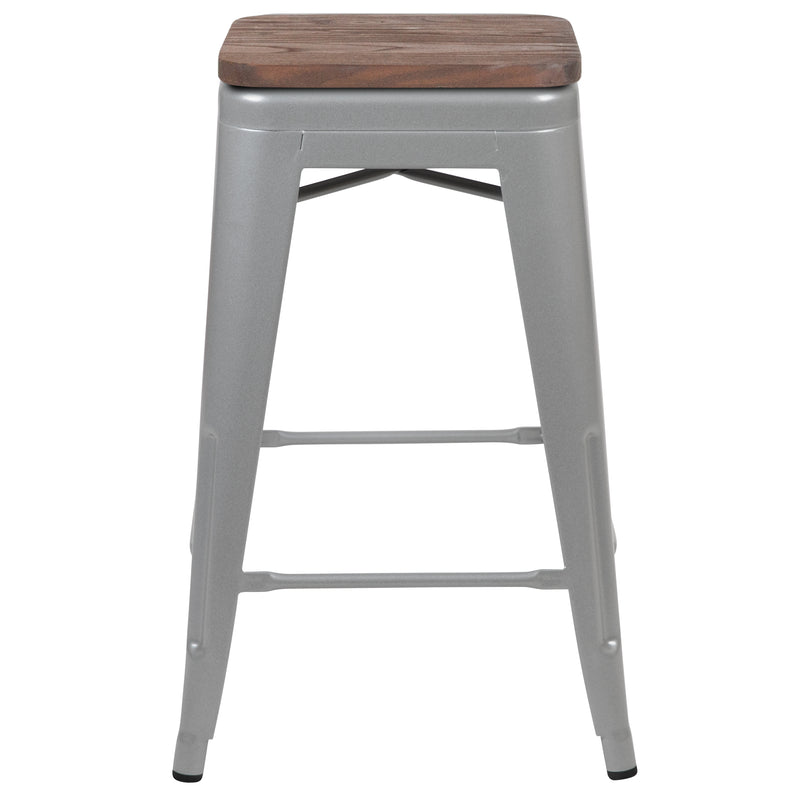 24" High Metal Counter-Height, Indoor Bar Stool with Wood Seat in Silver - Stackable Set of 4