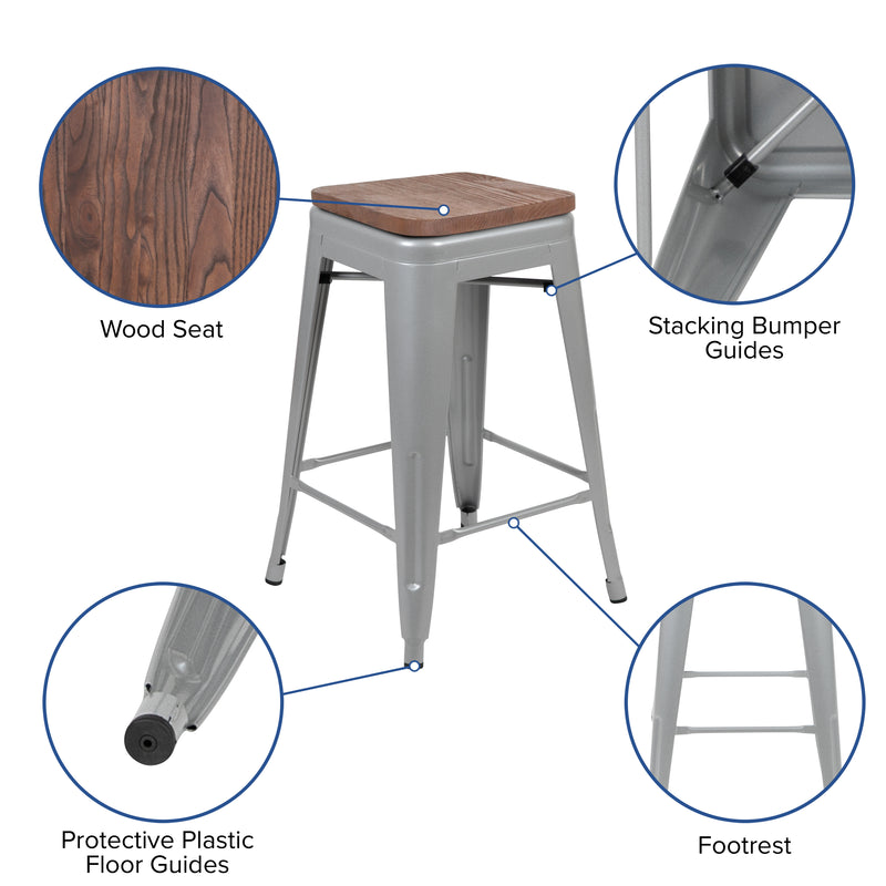 24" High Metal Counter-Height, Indoor Bar Stool with Wood Seat in Silver - Stackable Set of 4