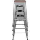 24" High Metal Counter-Height, Indoor Bar Stool with Wood Seat in Silver - Stackable Set of 4