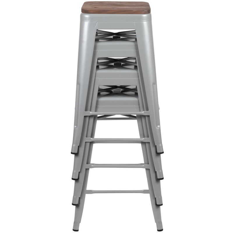 24" High Metal Counter-Height, Indoor Bar Stool with Wood Seat in Silver - Stackable Set of 4