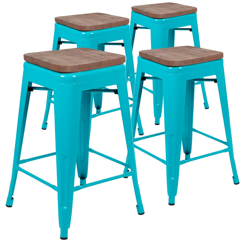 24" High Metal Counter-Height, Indoor Bar Stool with Wood Seat in Teal - Stackable Set of 4