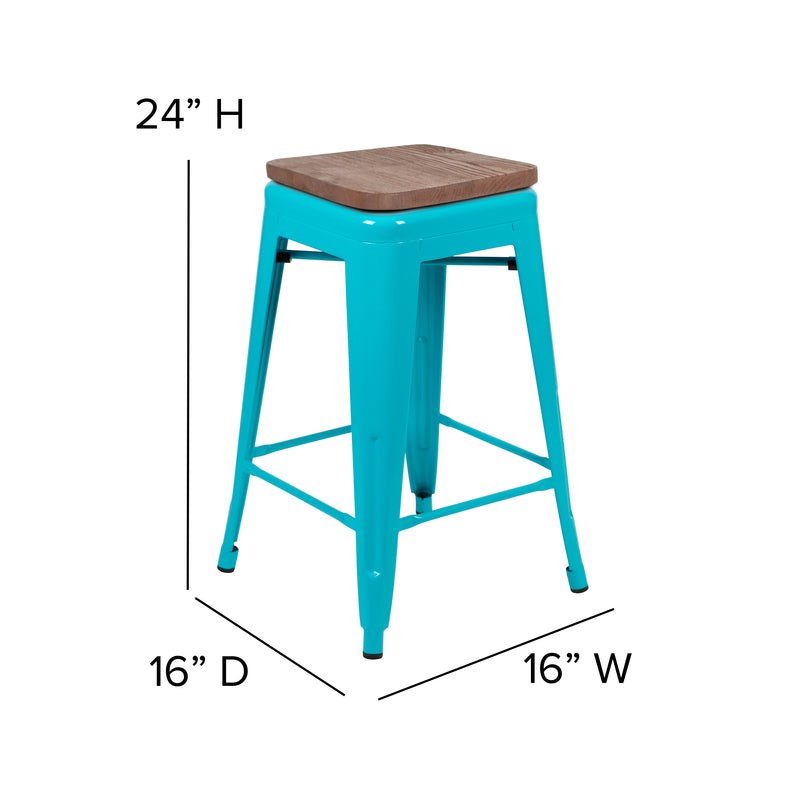 24" High Metal Counter-Height, Indoor Bar Stool with Wood Seat in Teal - Stackable Set of 4