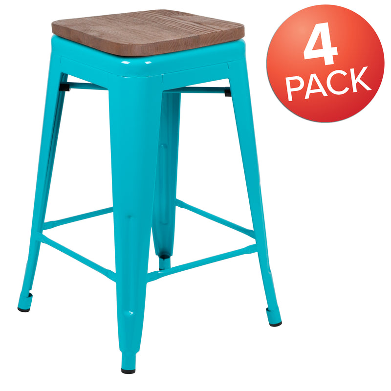 24" High Metal Counter-Height, Indoor Bar Stool with Wood Seat in Teal - Stackable Set of 4