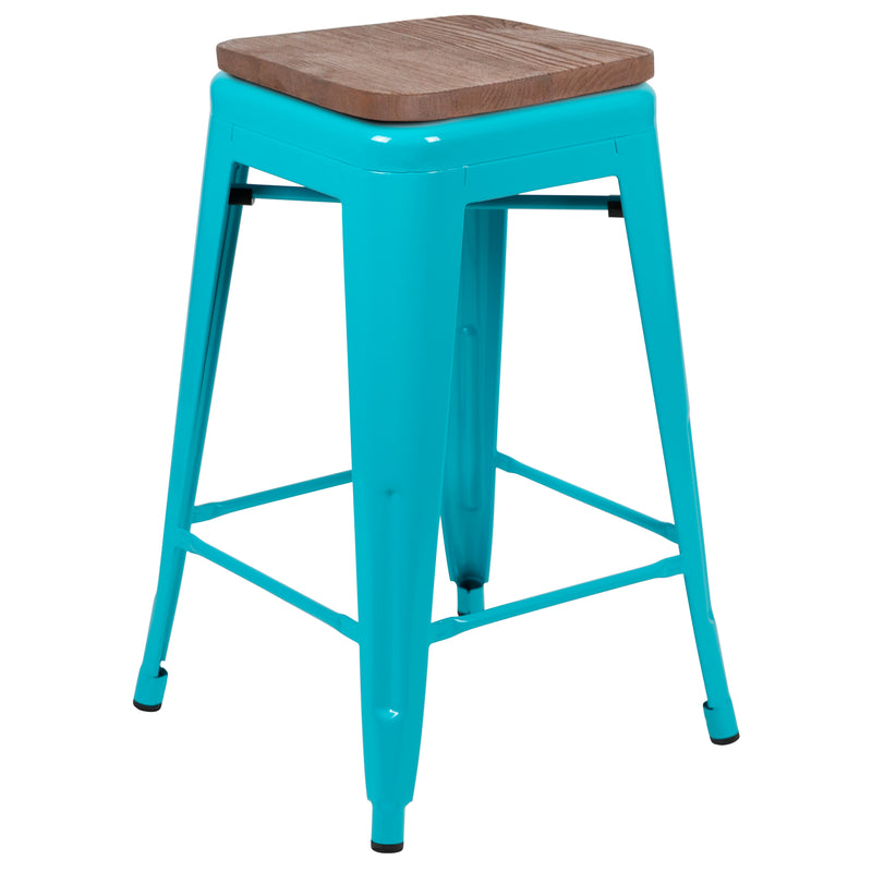 24" High Metal Counter-Height, Indoor Bar Stool with Wood Seat in Teal - Stackable Set of 4