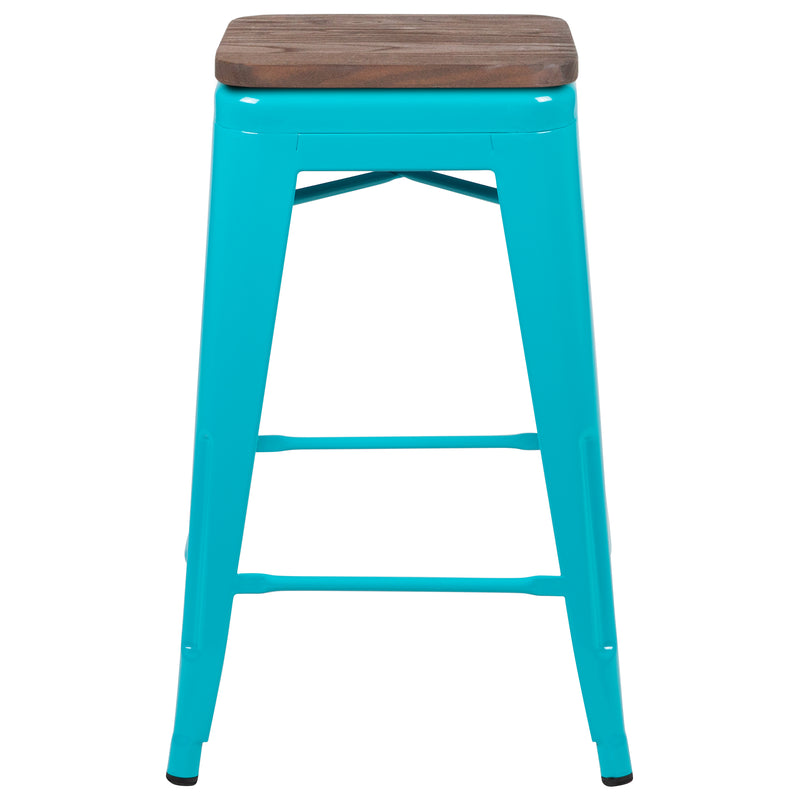 24" High Metal Counter-Height, Indoor Bar Stool with Wood Seat in Teal - Stackable Set of 4