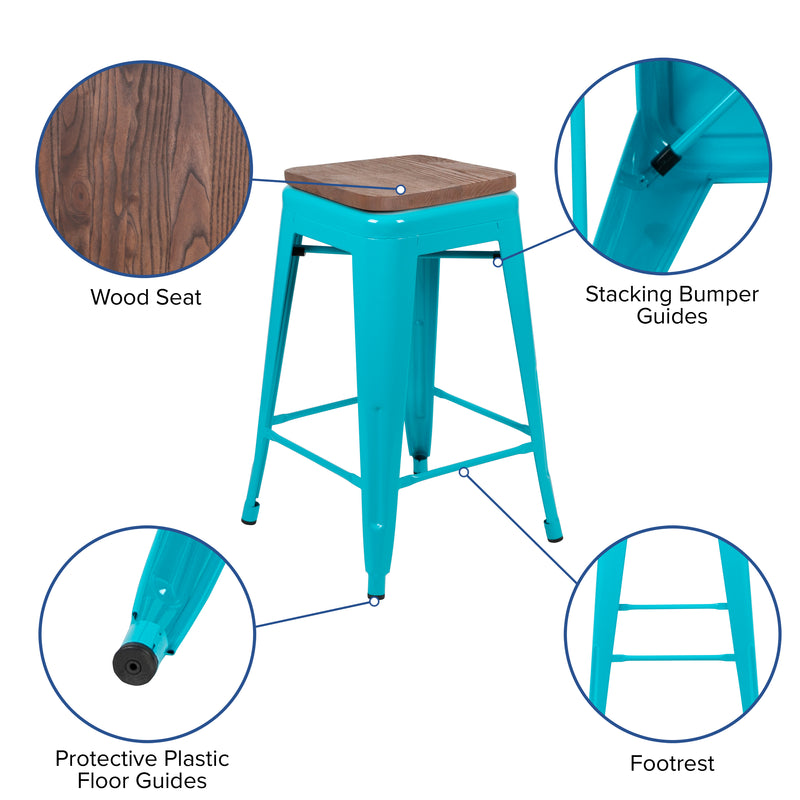 24" High Metal Counter-Height, Indoor Bar Stool with Wood Seat in Teal - Stackable Set of 4