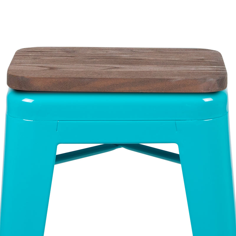 24" High Metal Counter-Height, Indoor Bar Stool with Wood Seat in Teal - Stackable Set of 4