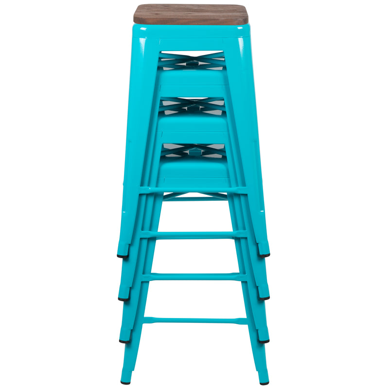 24" High Metal Counter-Height, Indoor Bar Stool with Wood Seat in Teal - Stackable Set of 4