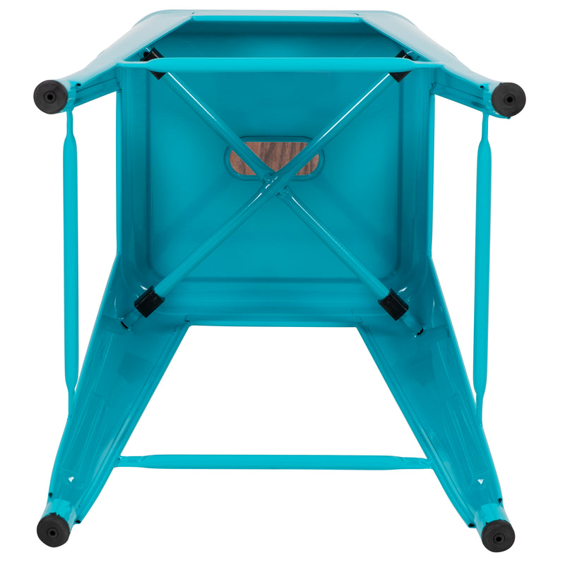 24" High Metal Counter-Height, Indoor Bar Stool with Wood Seat in Teal - Stackable Set of 4