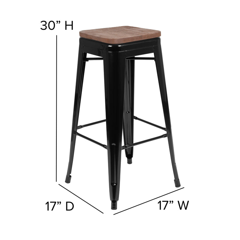 30" High Metal Indoor Bar Stool with Wood Seat in Black - Stackable Set of 4