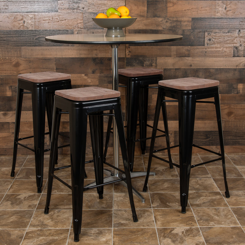 30" High Metal Indoor Bar Stool with Wood Seat in Black - Stackable Set of 4