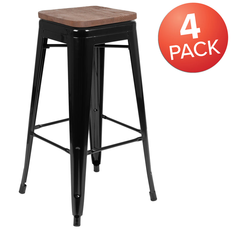 30" High Metal Indoor Bar Stool with Wood Seat in Black - Stackable Set of 4