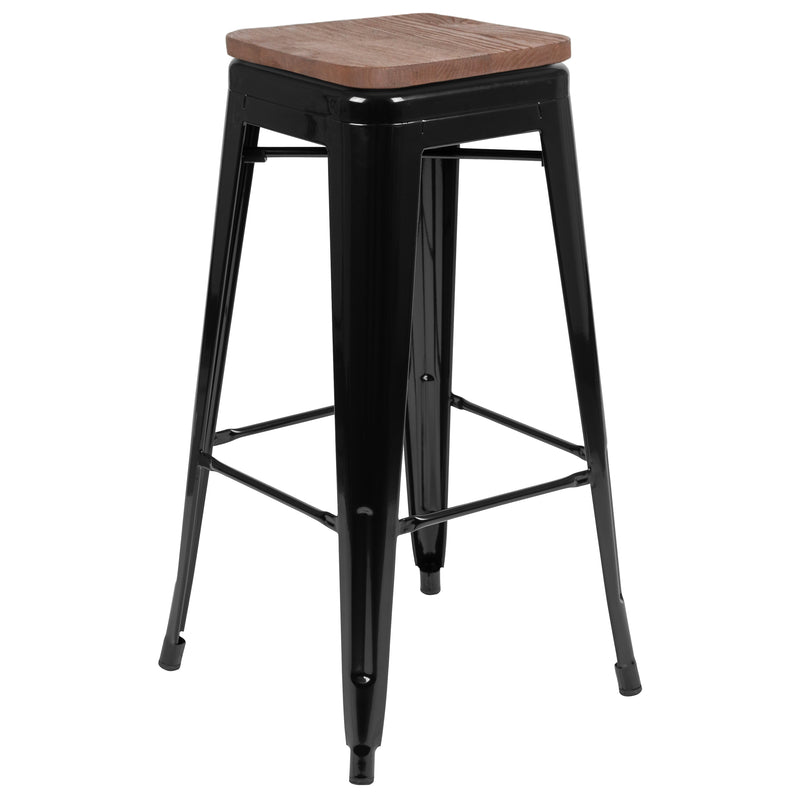 30" High Metal Indoor Bar Stool with Wood Seat in Black - Stackable Set of 4