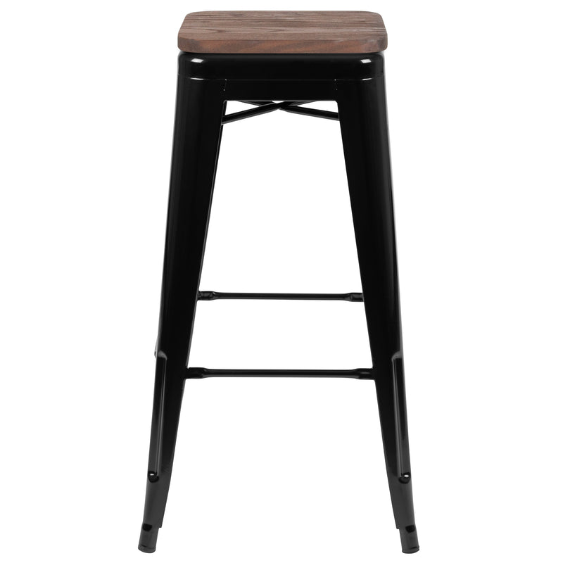 30" High Metal Indoor Bar Stool with Wood Seat in Black - Stackable Set of 4