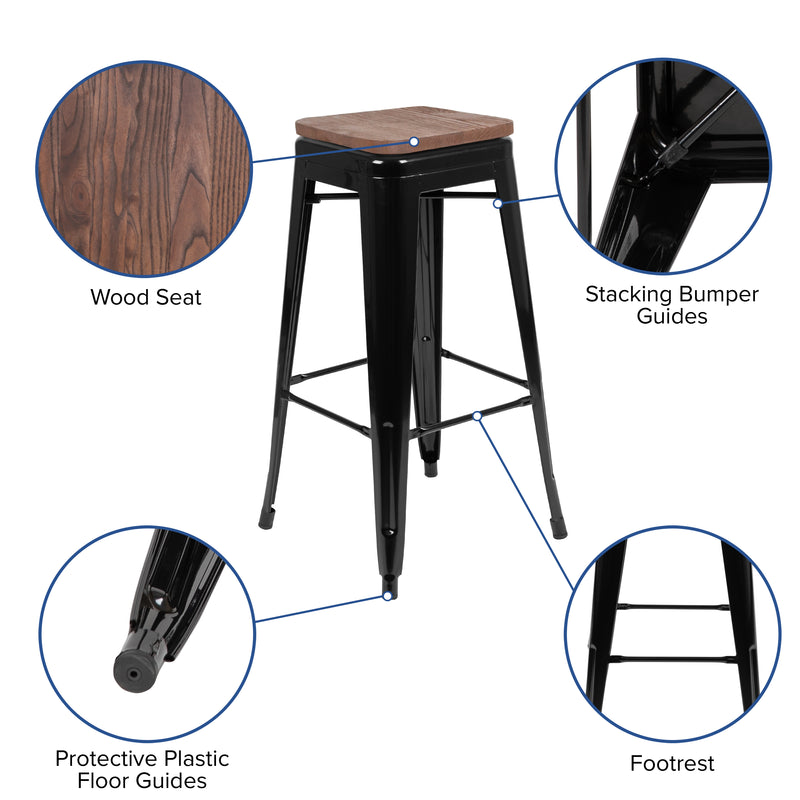 30" High Metal Indoor Bar Stool with Wood Seat in Black - Stackable Set of 4