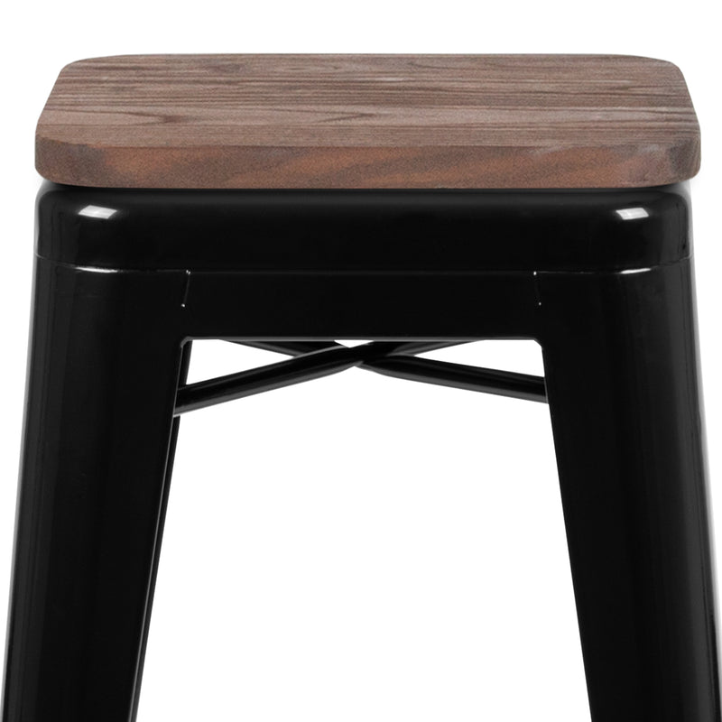 30" High Metal Indoor Bar Stool with Wood Seat in Black - Stackable Set of 4