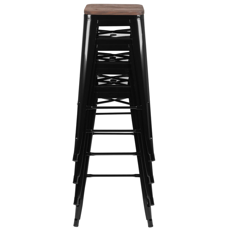 30" High Metal Indoor Bar Stool with Wood Seat in Black - Stackable Set of 4