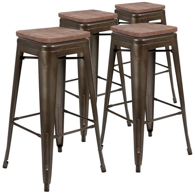 30" High Metal Indoor Bar Stool with Wood Seat in Gun Metal Gray - Stackable Set of 4