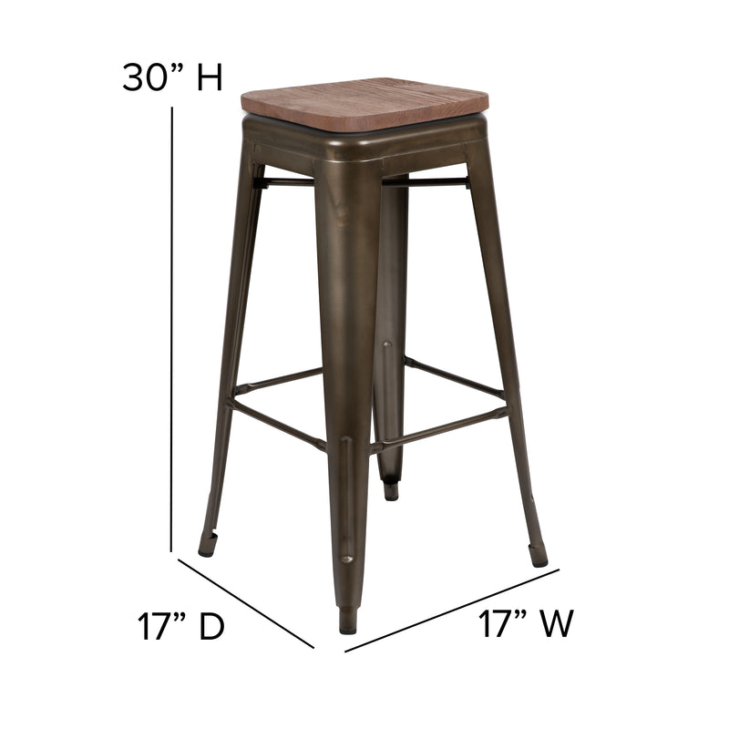 30" High Metal Indoor Bar Stool with Wood Seat in Gun Metal Gray - Stackable Set of 4