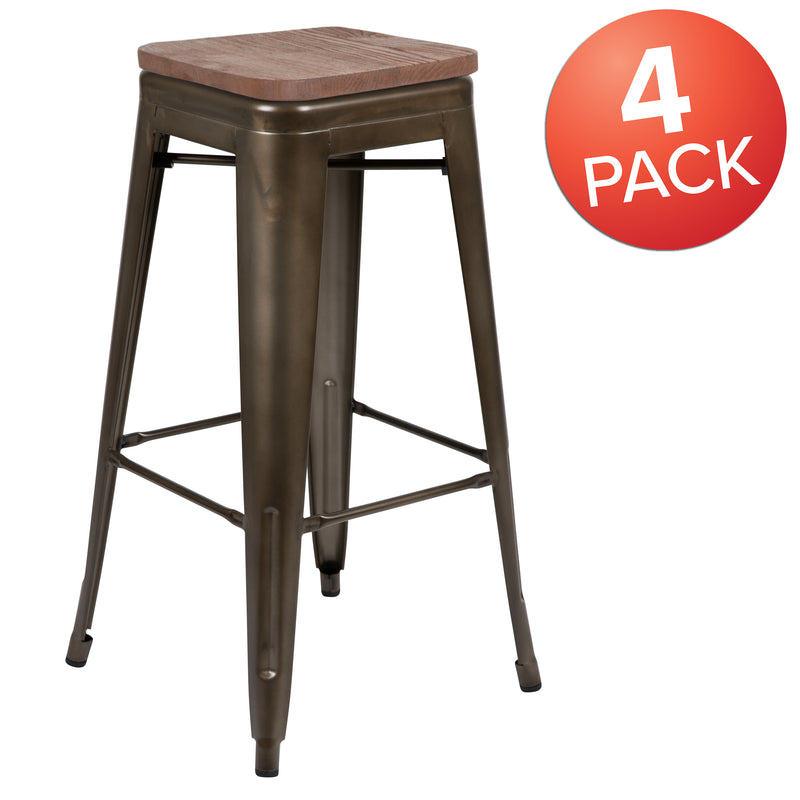 30" High Metal Indoor Bar Stool with Wood Seat in Gun Metal Gray - Stackable Set of 4