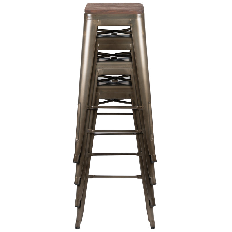 30" High Metal Indoor Bar Stool with Wood Seat in Gun Metal Gray - Stackable Set of 4