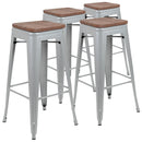 30" High Metal Indoor Bar Stool with Wood Seat in Silver - Stackable Set of 4
