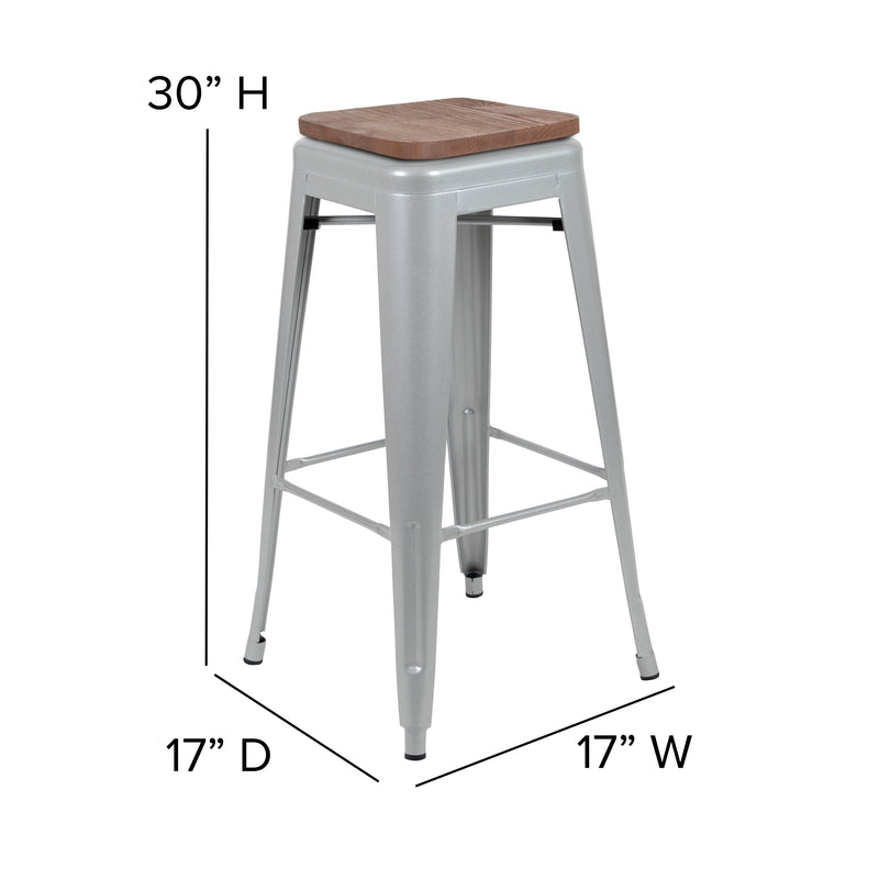 30" High Metal Indoor Bar Stool with Wood Seat in Silver - Stackable Set of 4