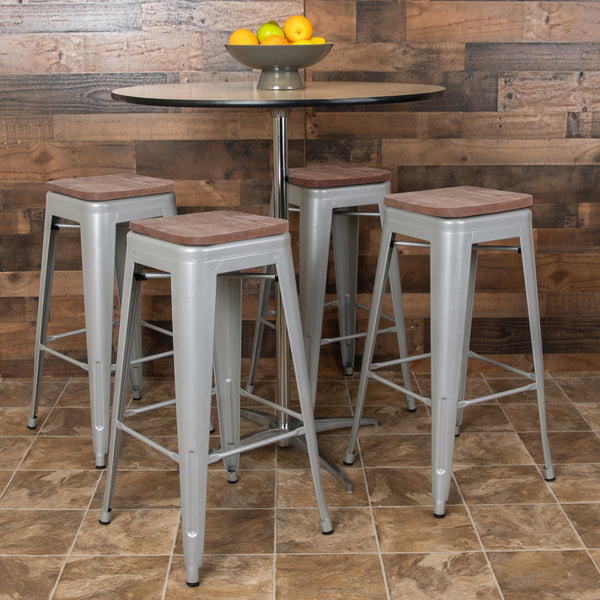 30" High Metal Indoor Bar Stool with Wood Seat in Silver - Stackable Set of 4