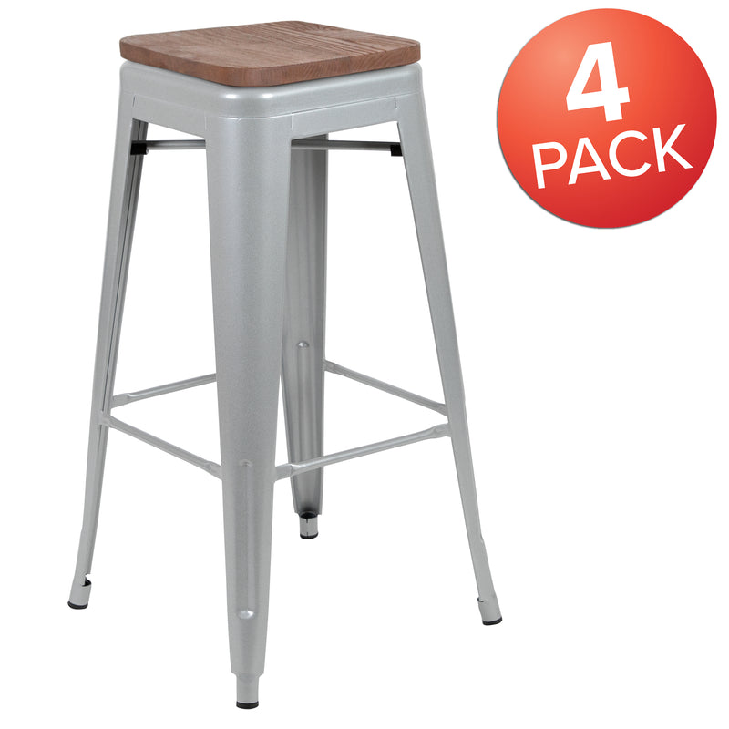 30" High Metal Indoor Bar Stool with Wood Seat in Silver - Stackable Set of 4