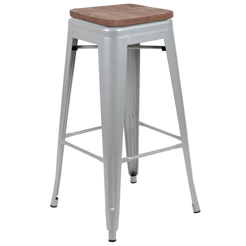 30" High Metal Indoor Bar Stool with Wood Seat in Silver - Stackable Set of 4