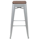 30" High Metal Indoor Bar Stool with Wood Seat in Silver - Stackable Set of 4
