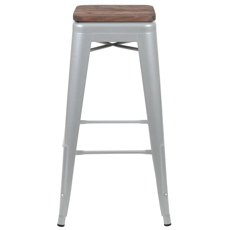 30" High Metal Indoor Bar Stool with Wood Seat in Silver - Stackable Set of 4