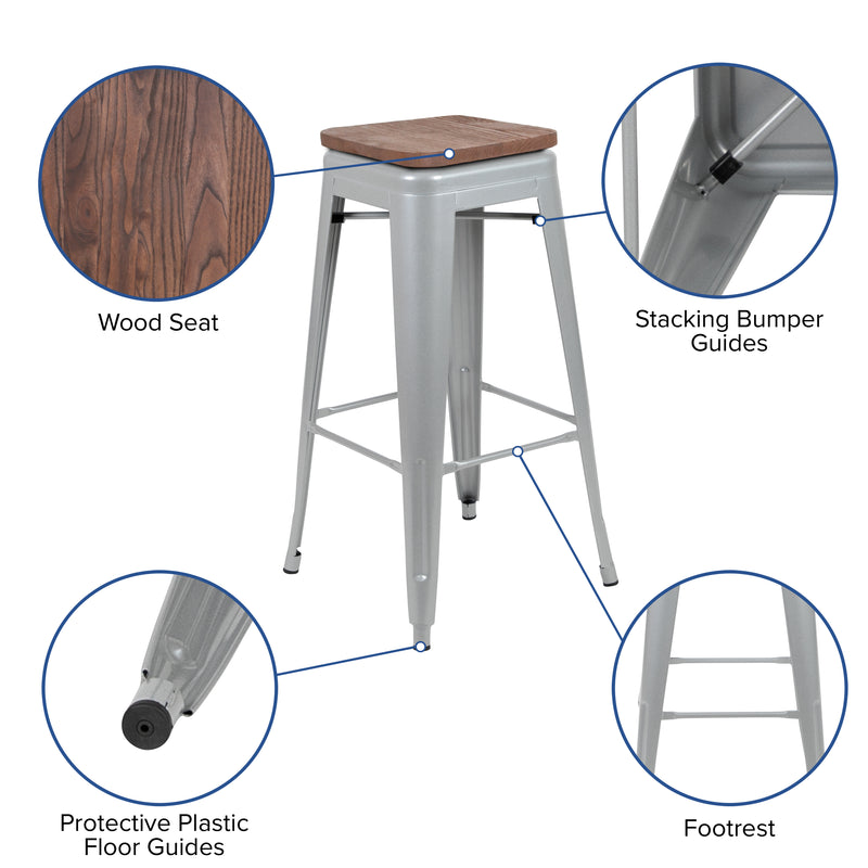 30" High Metal Indoor Bar Stool with Wood Seat in Silver - Stackable Set of 4