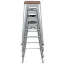 30" High Metal Indoor Bar Stool with Wood Seat in Silver - Stackable Set of 4