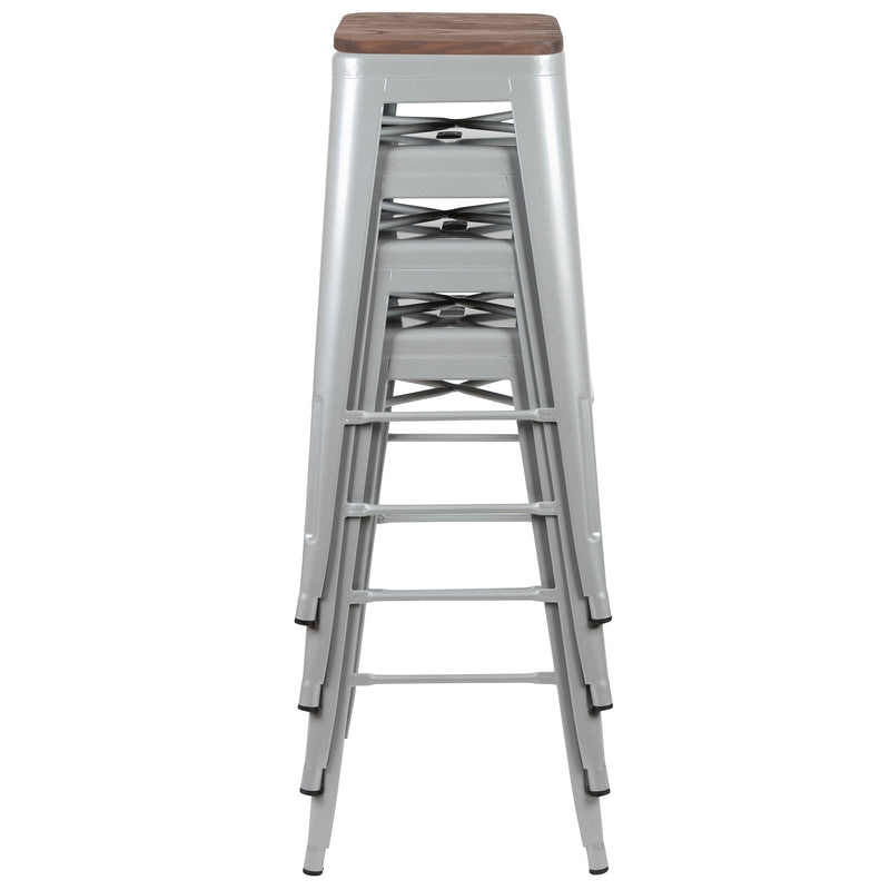 30" High Metal Indoor Bar Stool with Wood Seat in Silver - Stackable Set of 4