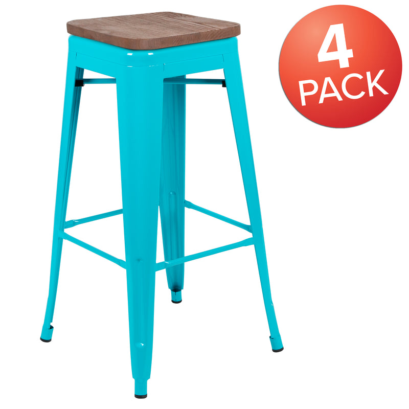 30" High Metal Indoor Bar Stool with Wood Seat in Teal - Stackable Set of 4