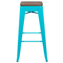 30" High Metal Indoor Bar Stool with Wood Seat in Teal - Stackable Set of 4