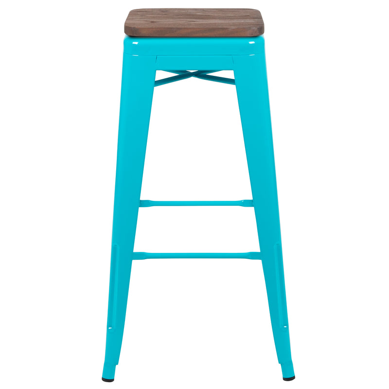 30" High Metal Indoor Bar Stool with Wood Seat in Teal - Stackable Set of 4