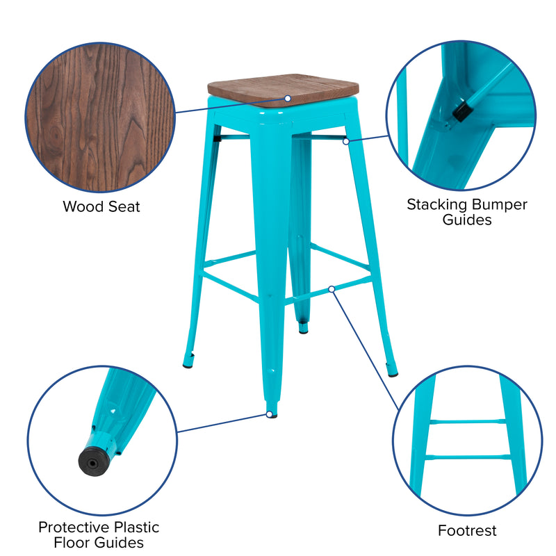 30" High Metal Indoor Bar Stool with Wood Seat in Teal - Stackable Set of 4