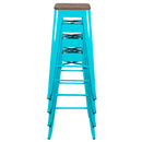 30" High Metal Indoor Bar Stool with Wood Seat in Teal - Stackable Set of 4