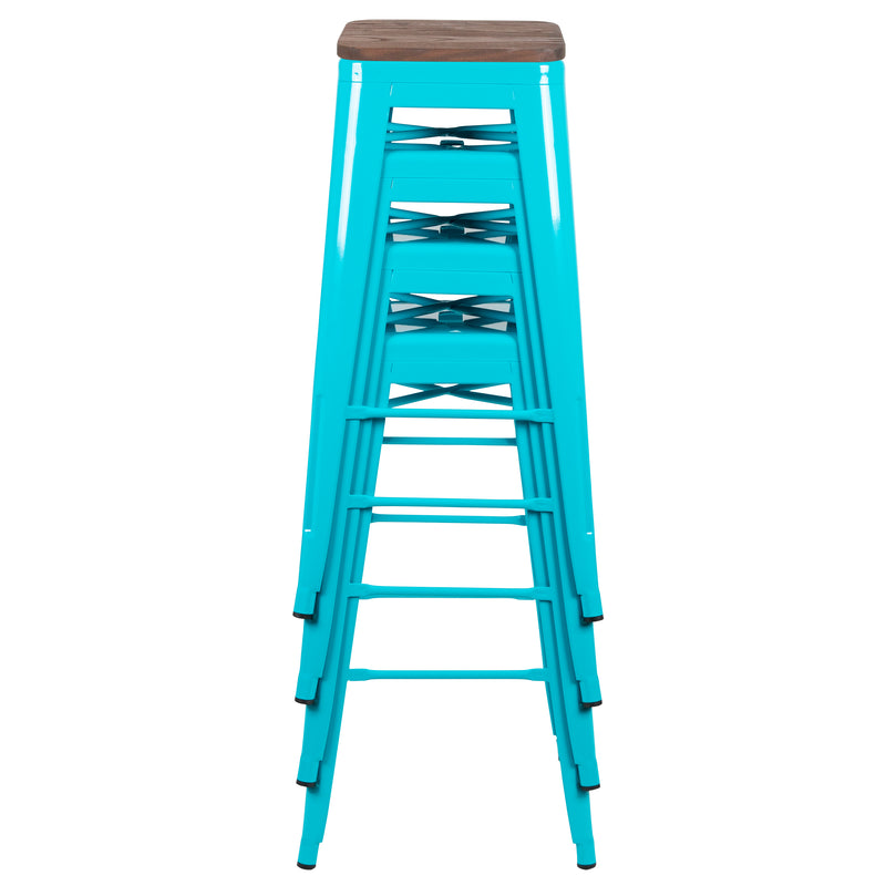 30" High Metal Indoor Bar Stool with Wood Seat in Teal - Stackable Set of 4