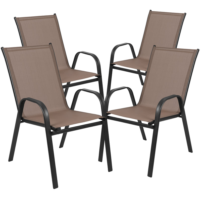 4 Pack Brazos Series Brown Outdoor Stack Chair with Flex Comfort Material and Metal Frame