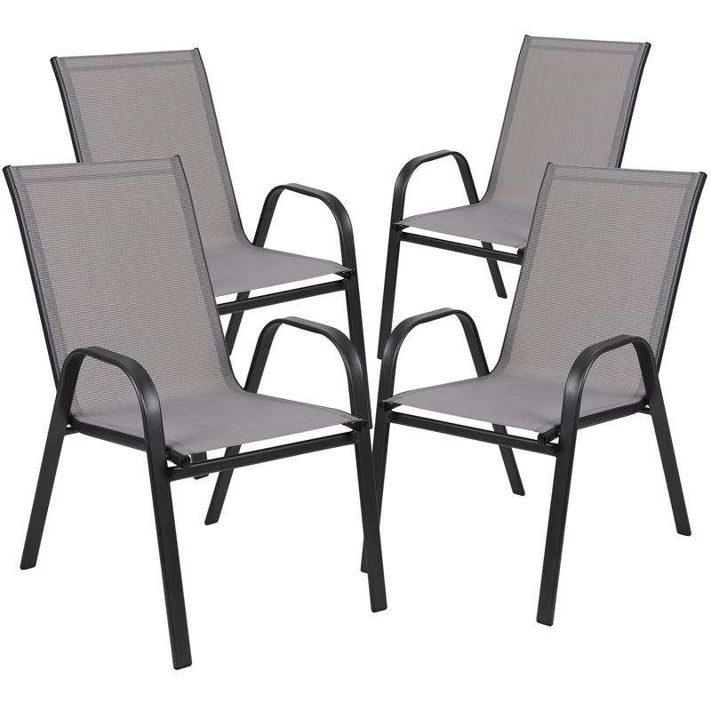 4 Pack Brazos Series Gray Outdoor Stack Chair with Flex Comfort Material and Metal Frame