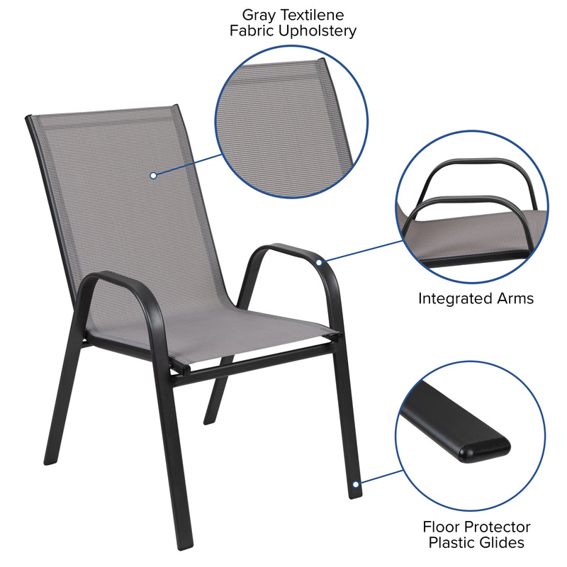 4 Pack Brazos Series Gray Outdoor Stack Chair with Flex Comfort Material and Metal Frame