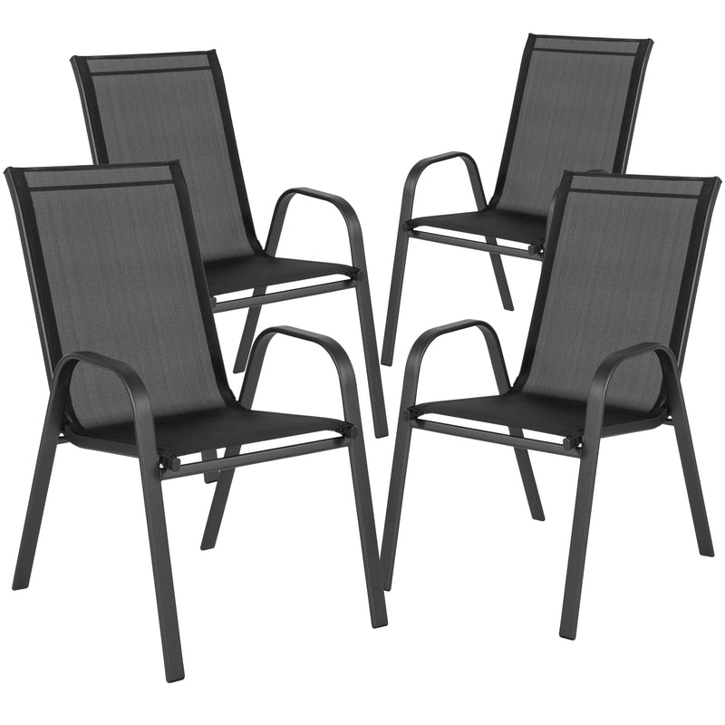 4 Pack Brazos Series Black Outdoor Stack Chair with Flex Comfort Material and Metal Frame