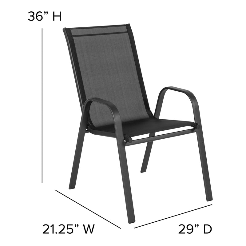 4 Pack Brazos Series Black Outdoor Stack Chair with Flex Comfort Material and Metal Frame