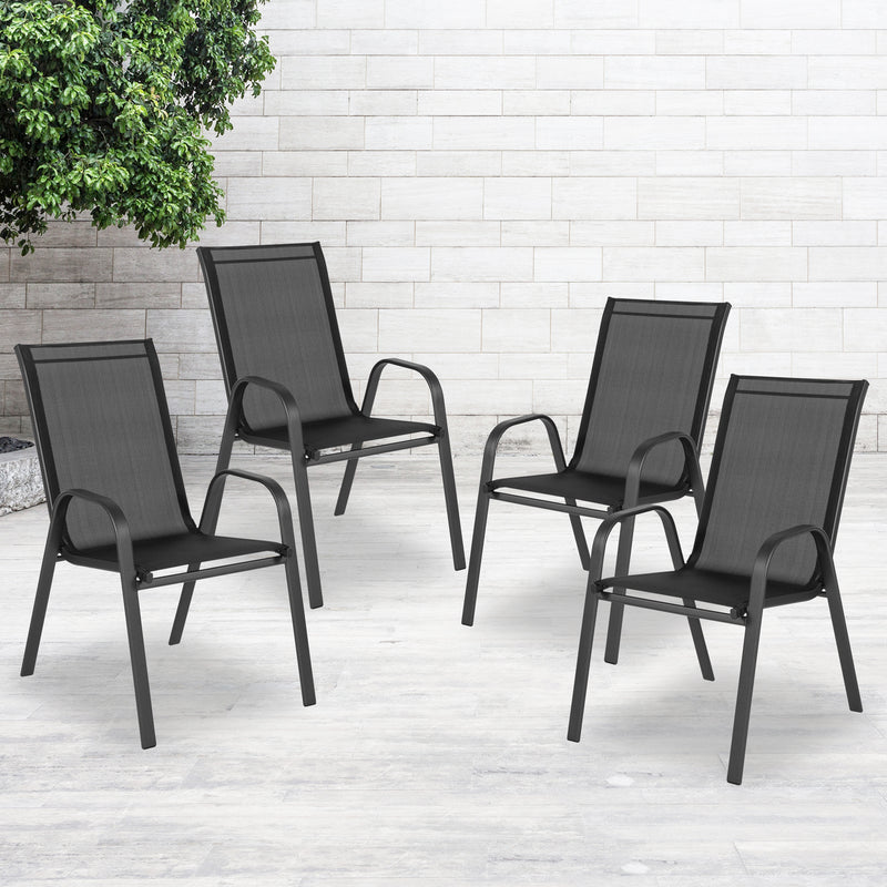 4 Pack Brazos Series Black Outdoor Stack Chair with Flex Comfort Material and Metal Frame