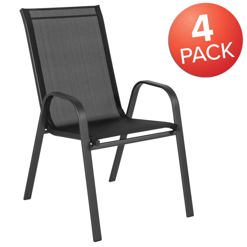 4 Pack Brazos Series Black Outdoor Stack Chair with Flex Comfort Material and Metal Frame