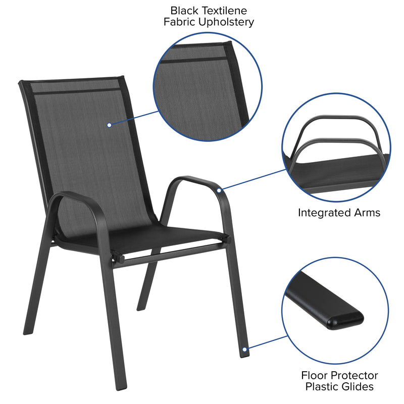 4 Pack Brazos Series Black Outdoor Stack Chair with Flex Comfort Material and Metal Frame