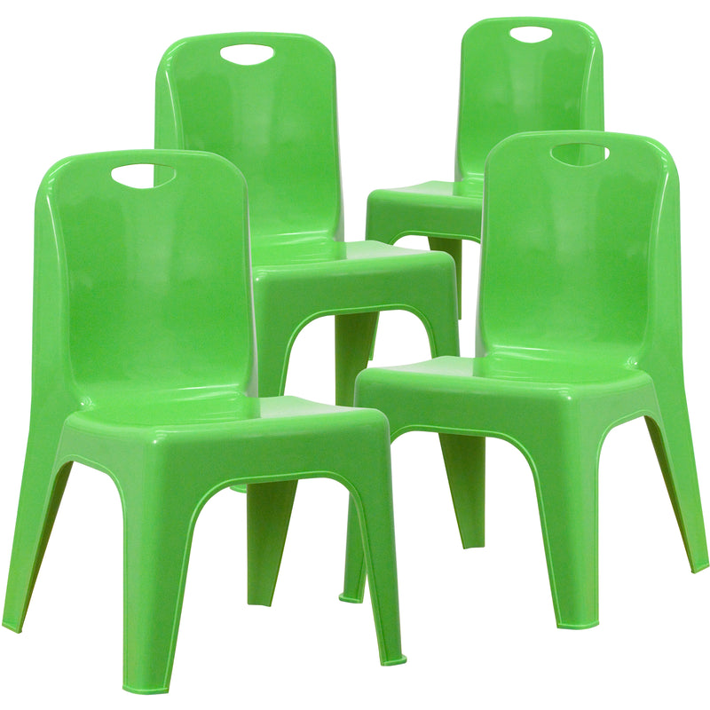 4 Pack Green Plastic Stackable School Chair with Carrying Handle and 11'' Seat Height